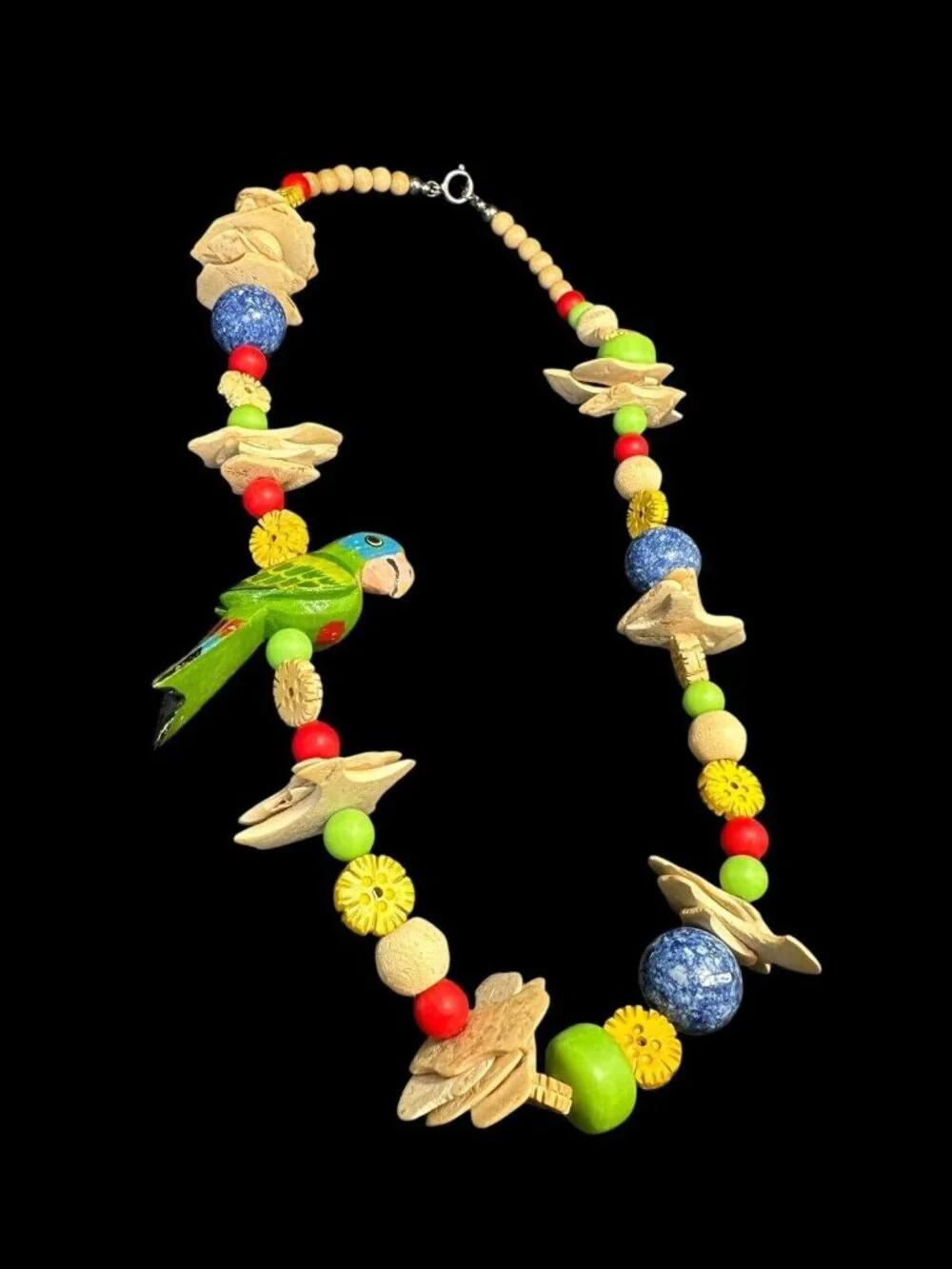 Signed PN Tropical Wood Beads Painted Parrot Necklace 27 inches Designer